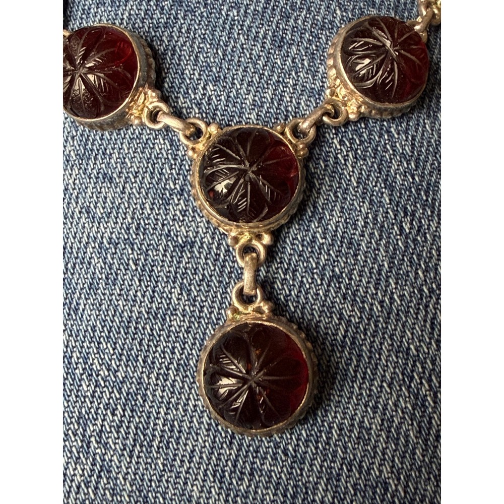 Sterling Silver 925 Carved Red Stone Floral Starburst Drop Necklace 16 Inch - Picture 4 of 8